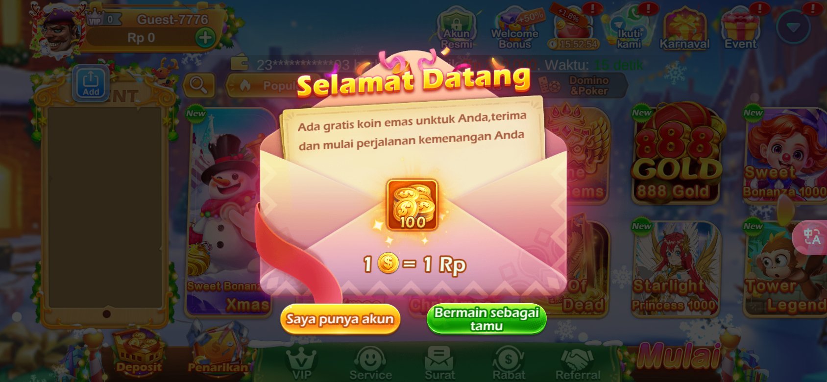 Tampilan awal aplikasi lk777 dengan bonus selamat datang untuk pengguna baru.